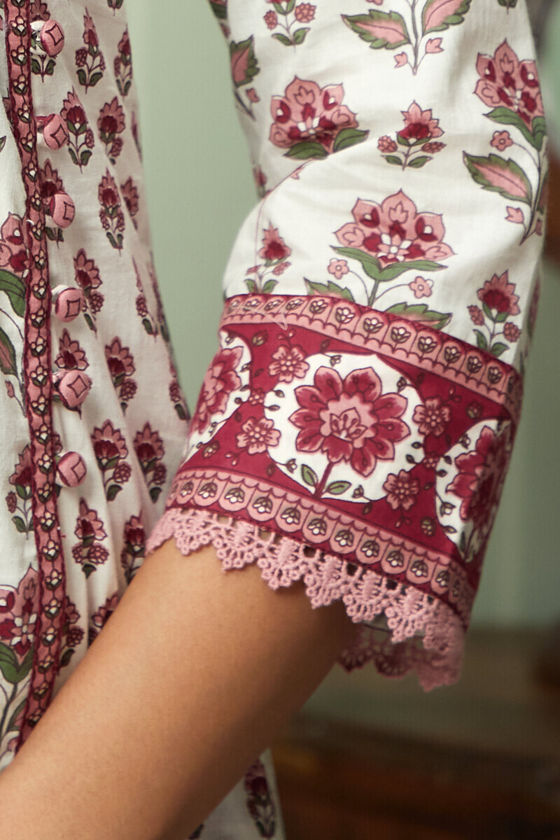 Off-White Hand Printed Angrakha Cotton Kurta