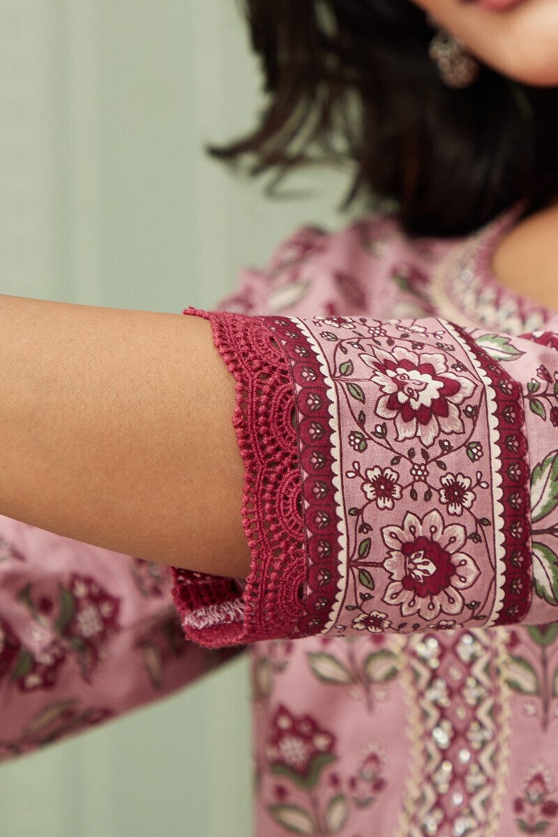 Pink Hand Printed Straight Cotton Kurta