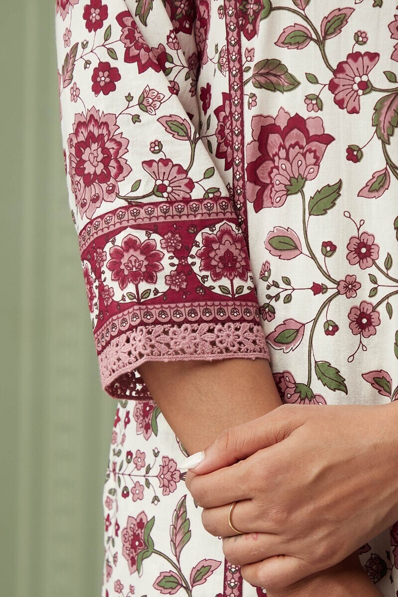 Off-White Hand Printed Straight Cotton Kurta