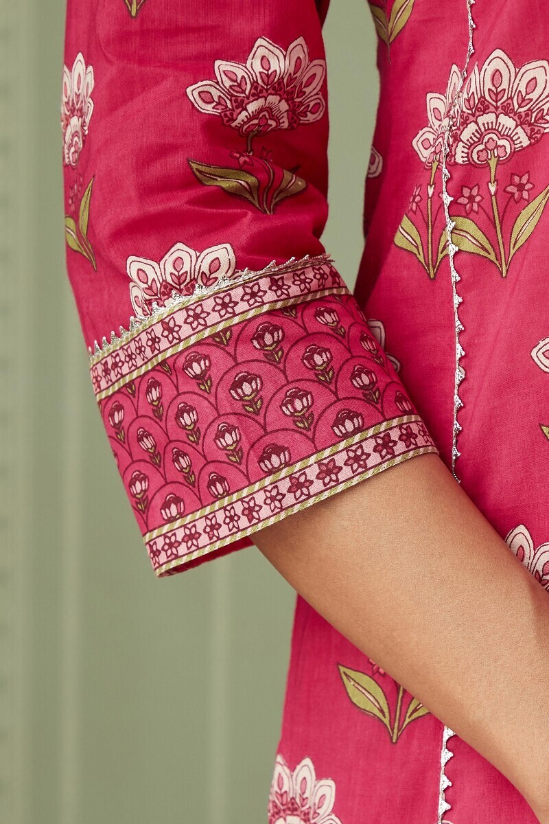 Pink Hand Printed Straight Cotton Kurta
