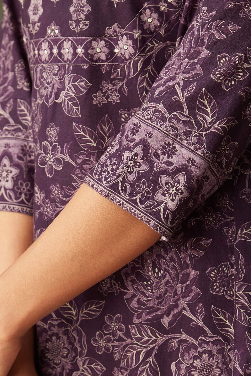 Purple Printed Straight Cotton Kurta