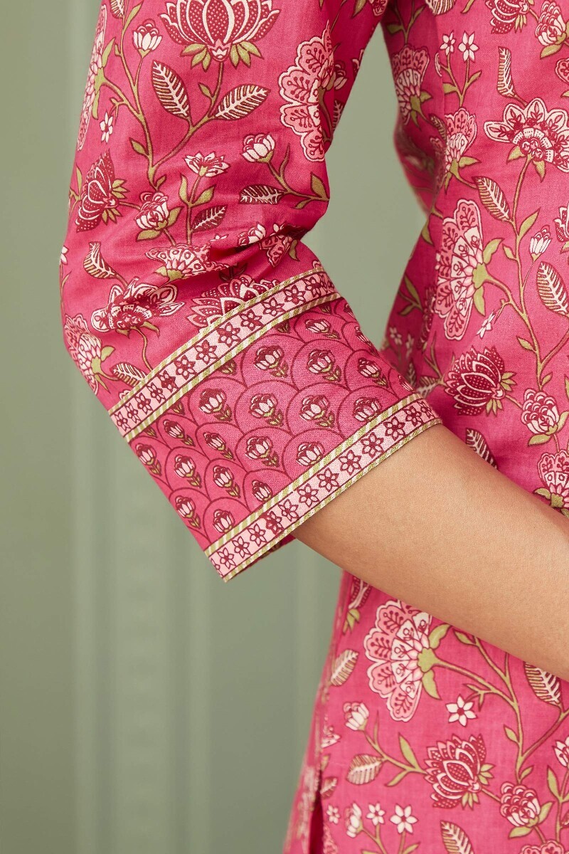 Pink Hand Printed Straight Cotton Kurta
