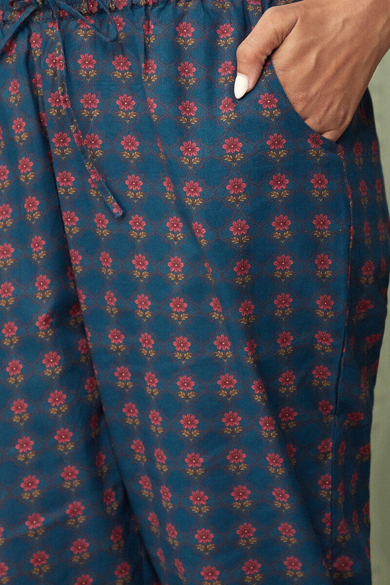 Blue Printed Cotton Narrow Pants