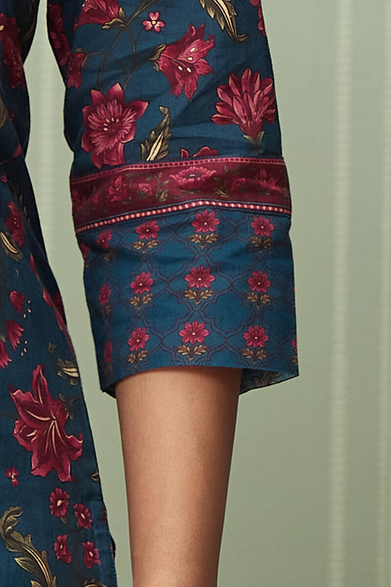 Blue Printed Straight Cotton Kurta
