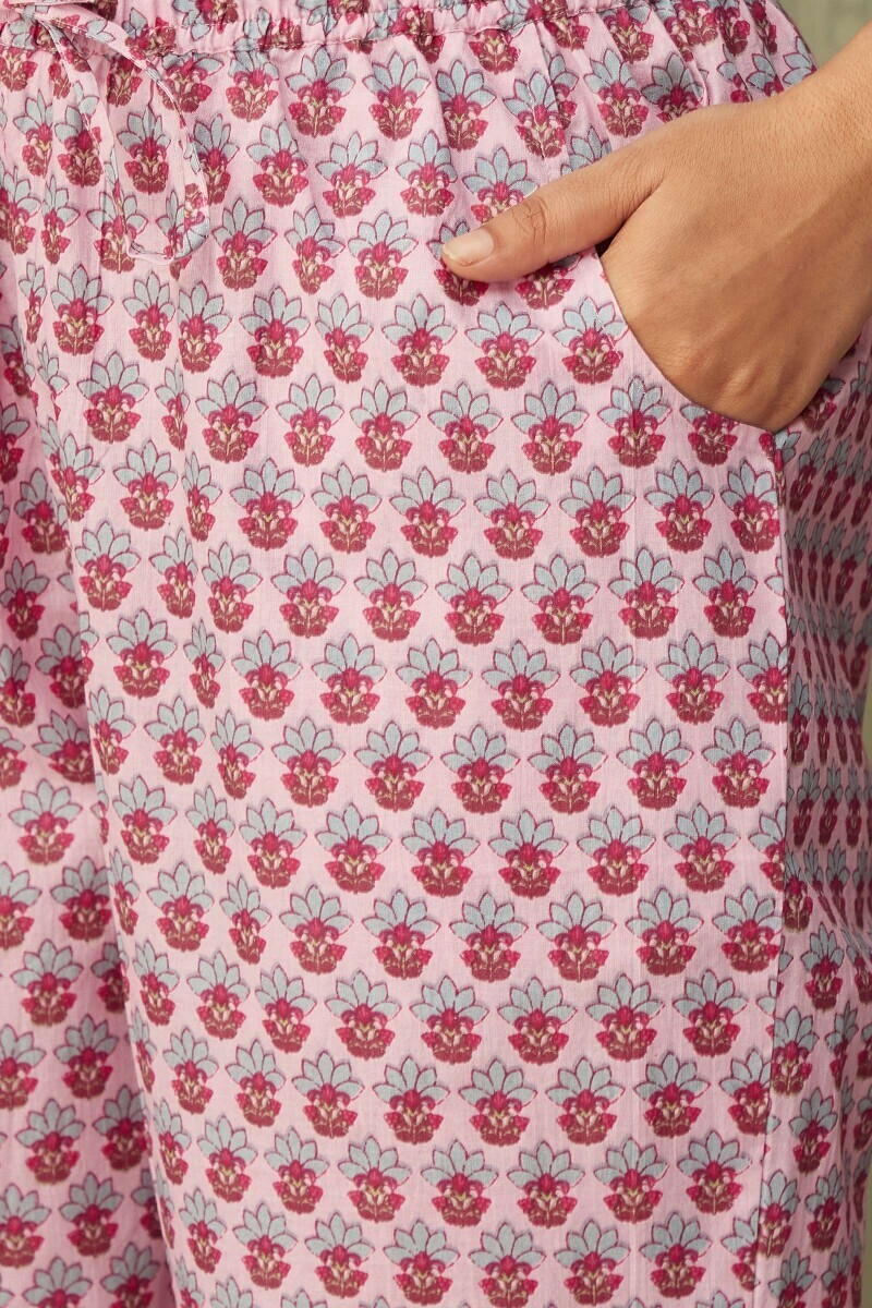 Pink Hand Printed Cotton Narrow Pants