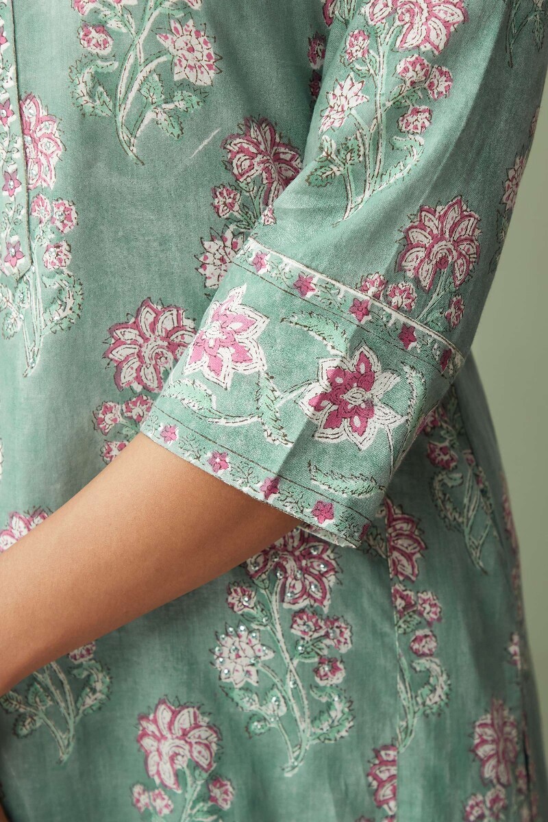 Green Hand Block-Printed Straight Cotton Kurta