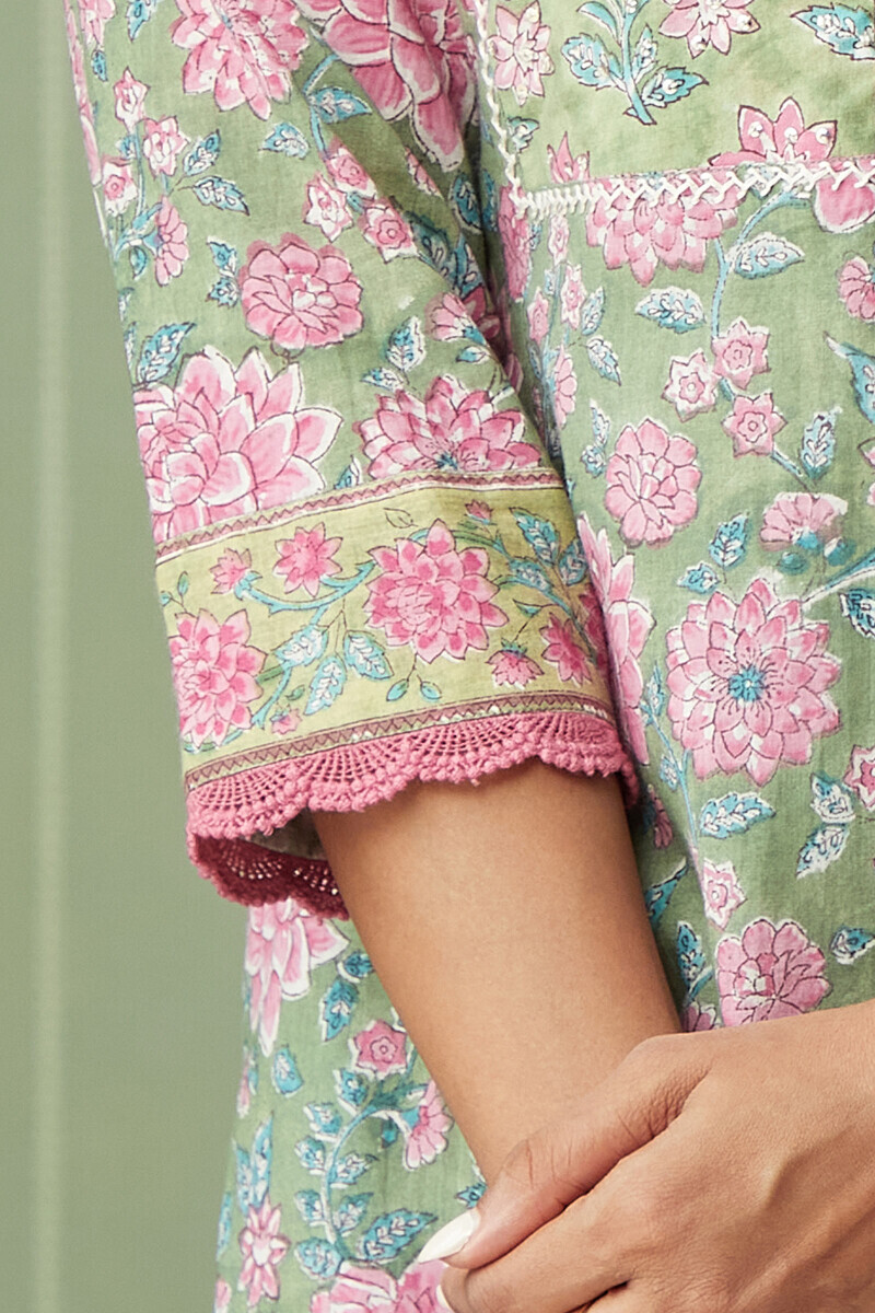 Green Hand Block-Printed Straight Cotton Kurta