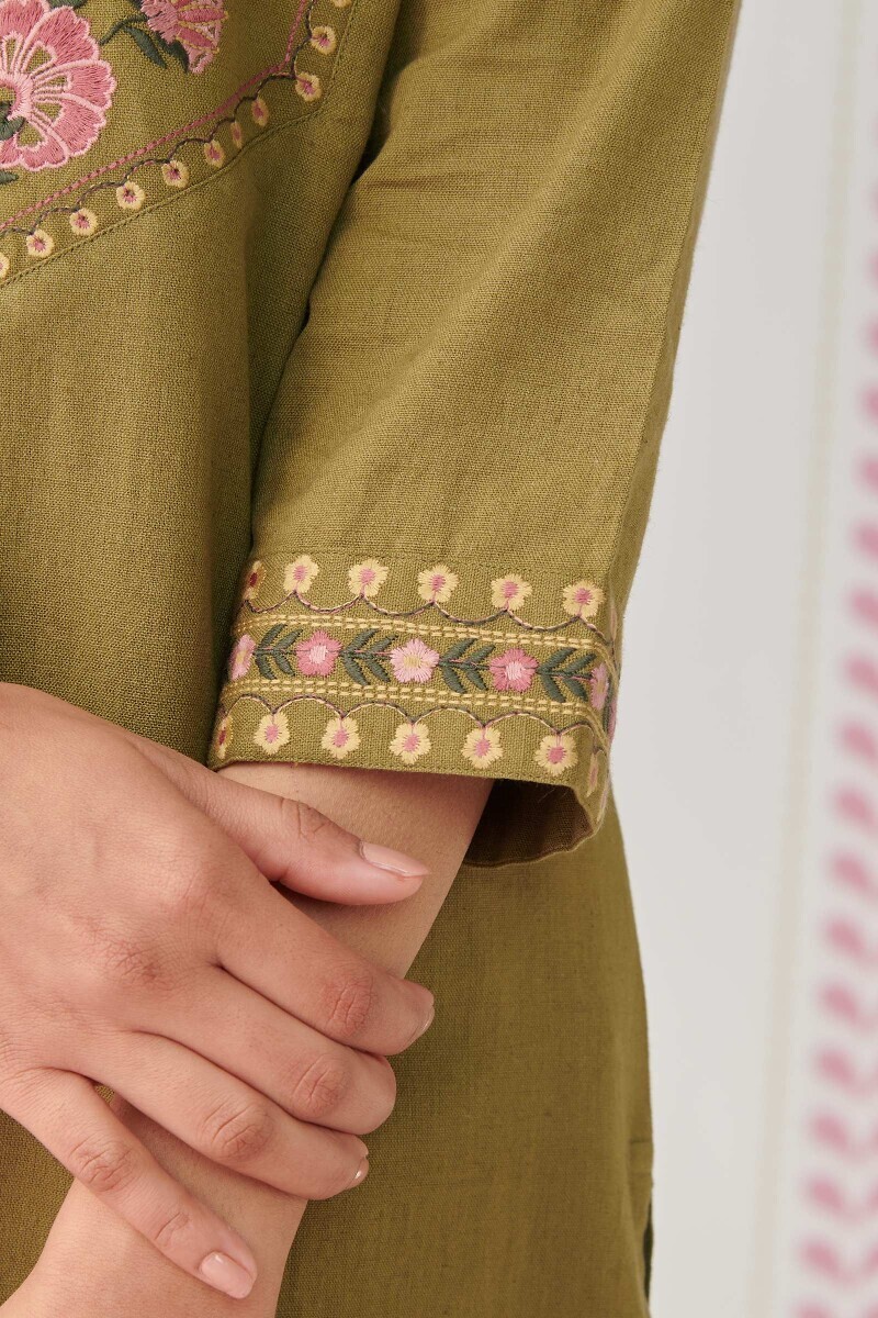 Olive Green Handcrafted Straight Cotton Flax Kurta