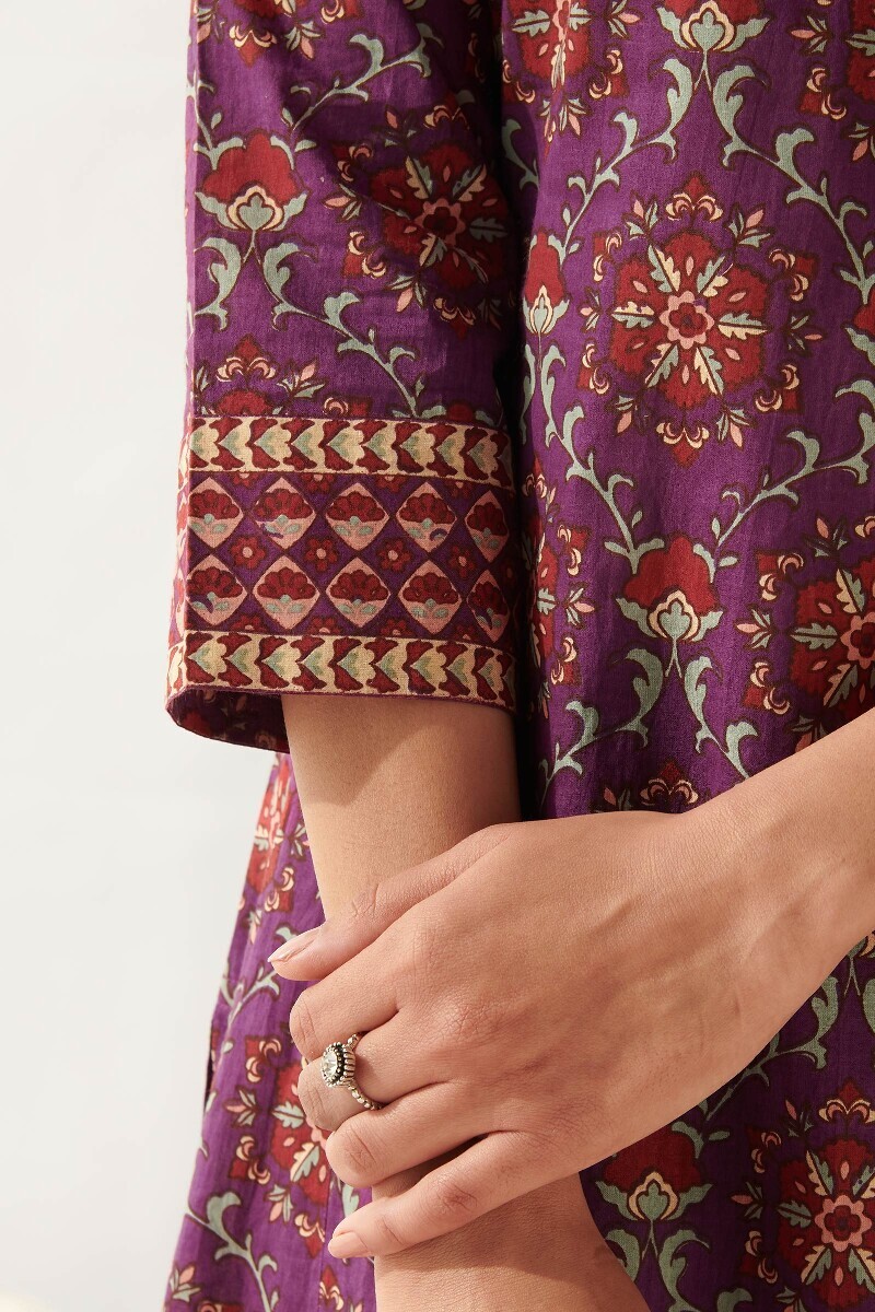 Purple Hand Printed Straight Cotton Kurta