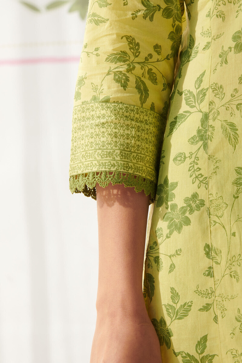 Lime Green Hand Printed Straight Cotton Kurta