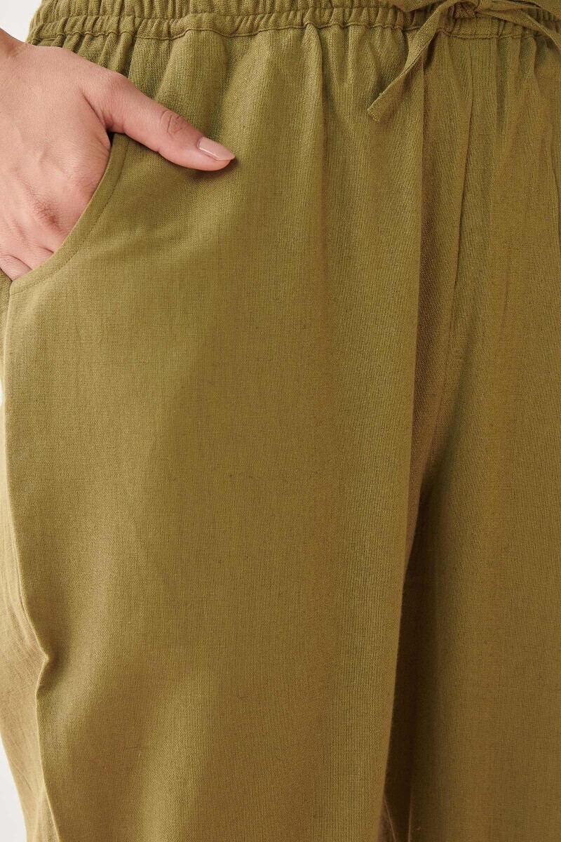 Olive Green Handcrafted Cotton Flax Narrow Pants