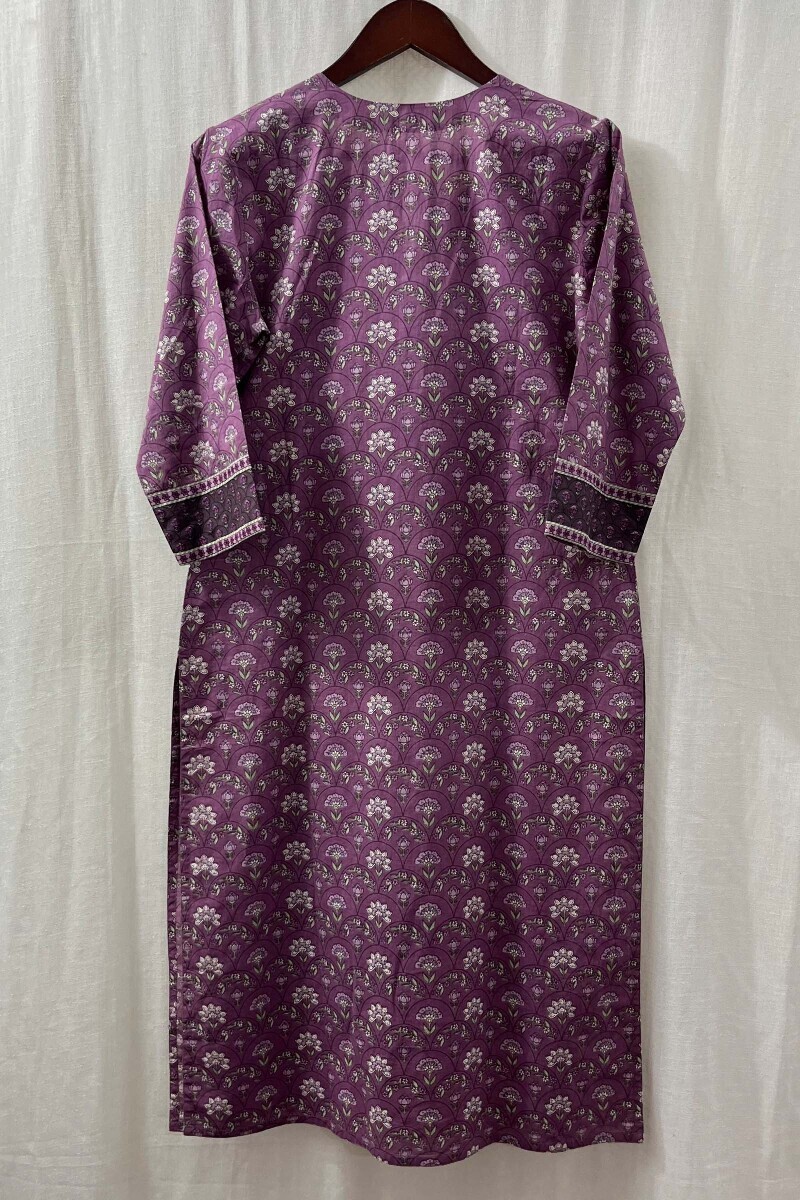 Purple Hand Printed Straight Cotton Kurta