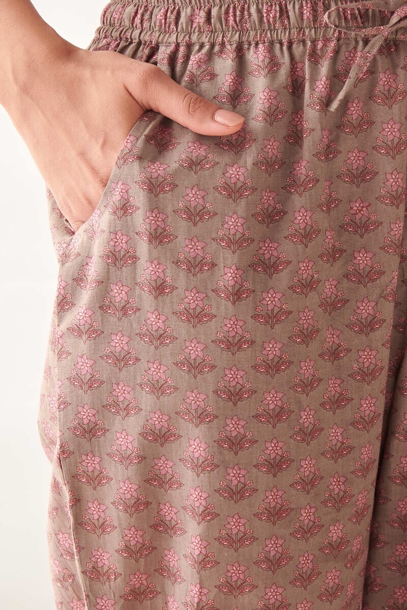 Grey Hand Printed Cotton Narrow Pants