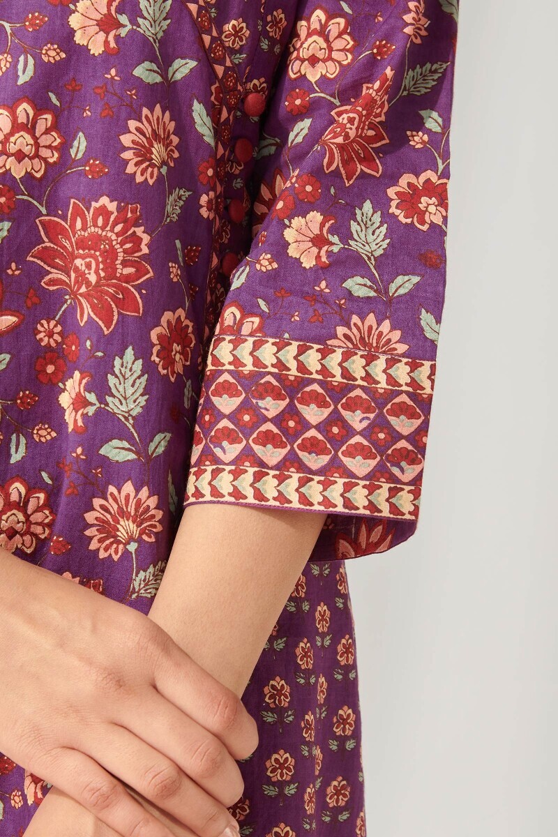 Purple Hand Printed Angrakha Cotton Kurta