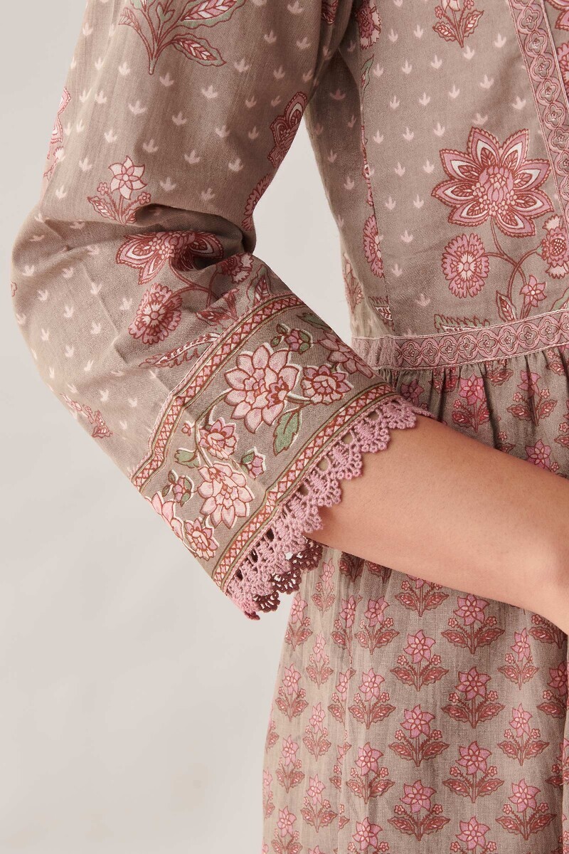 Grey Hand Printed A-Line Cotton Kurta