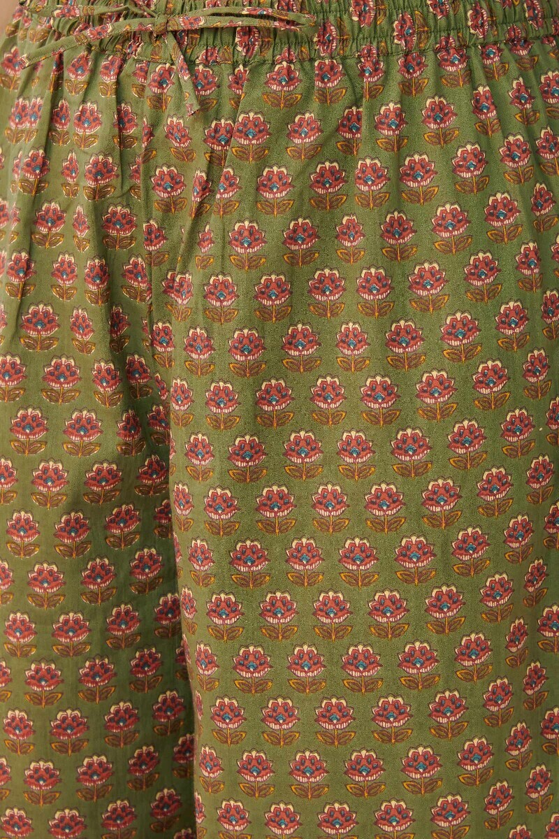 Olive Green Hand Printed Cotton Izhaar Pants
