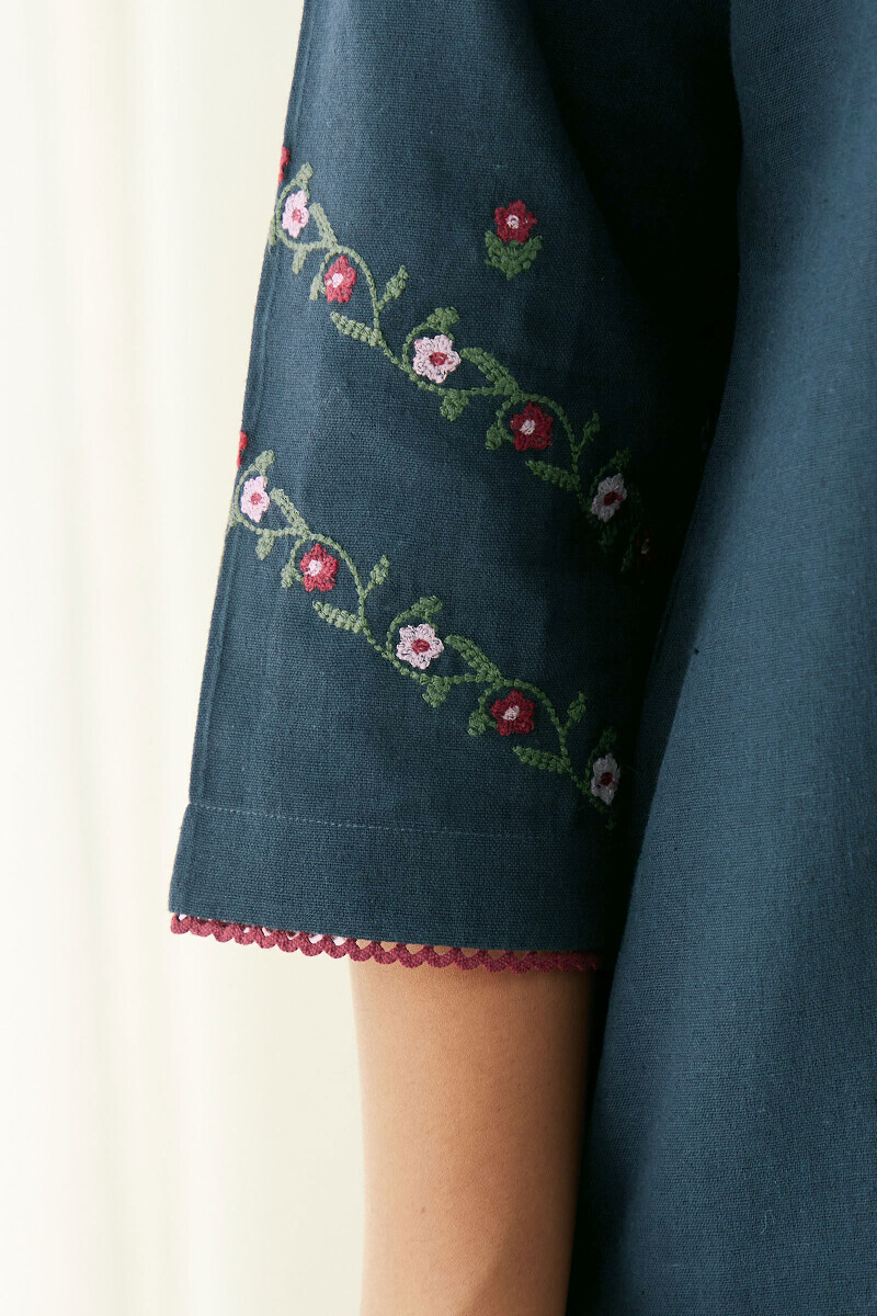 Twilight Blue Handcrafted Straight Cotton Flax Kurta