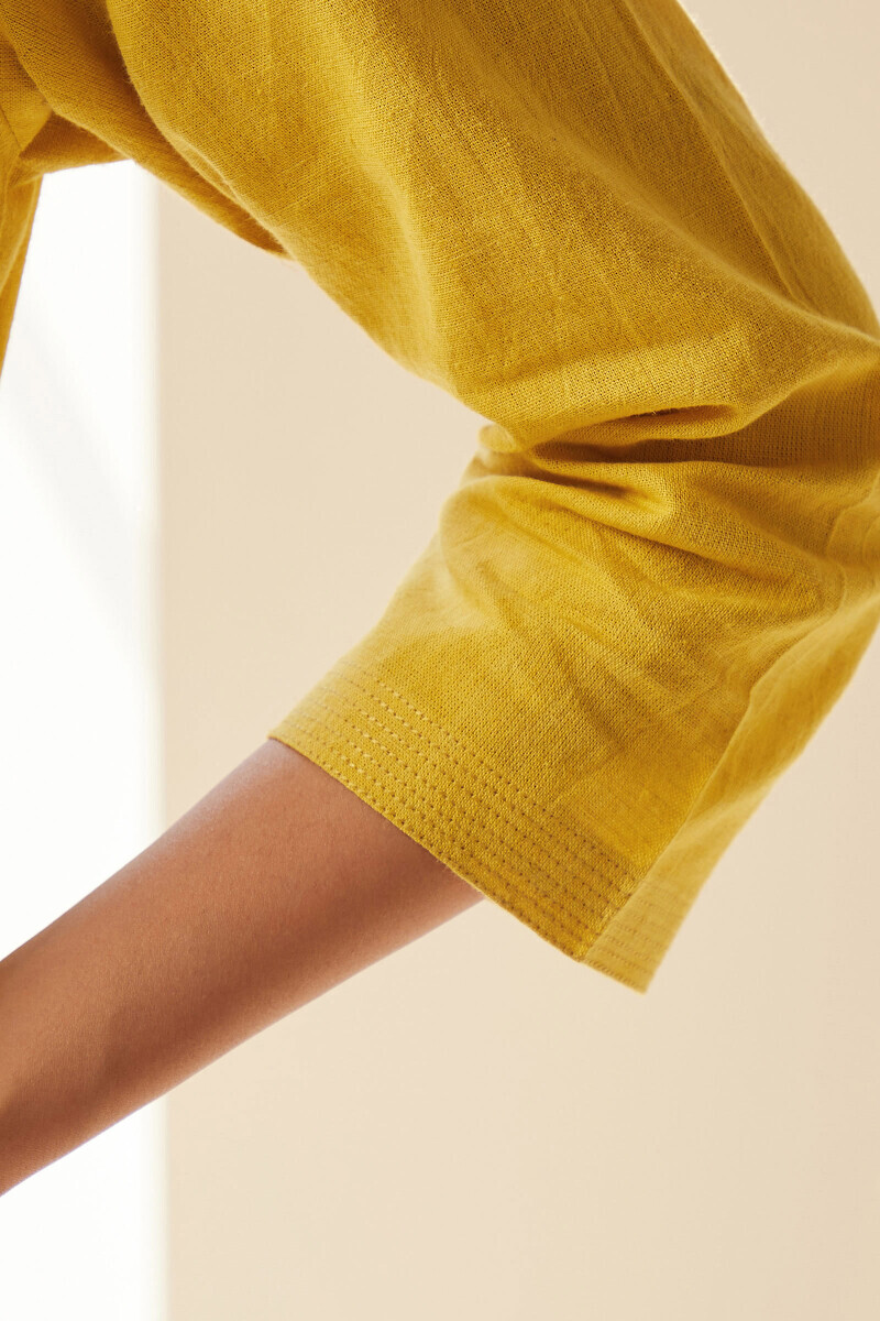 Yellow Handcrafted Straight Cotton Flax Kurta