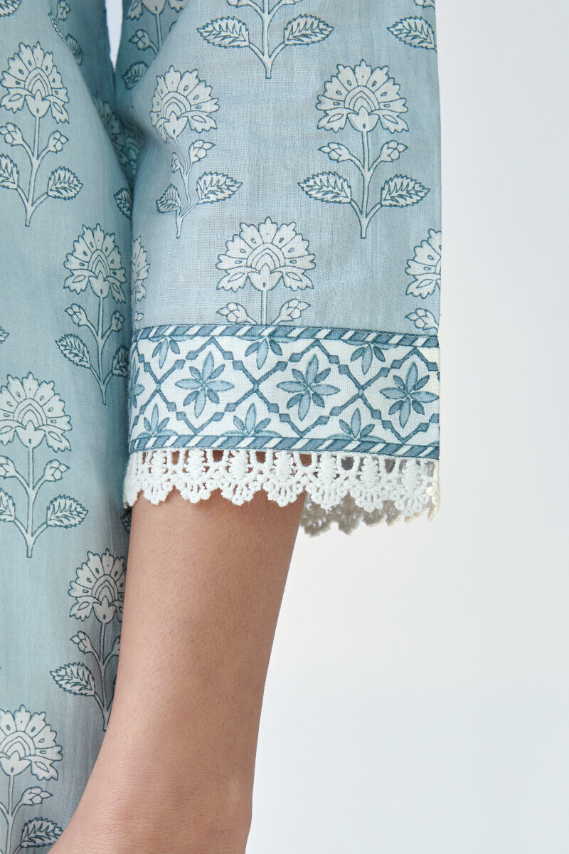 Blue Hand Printed Straight Cotton Kurta