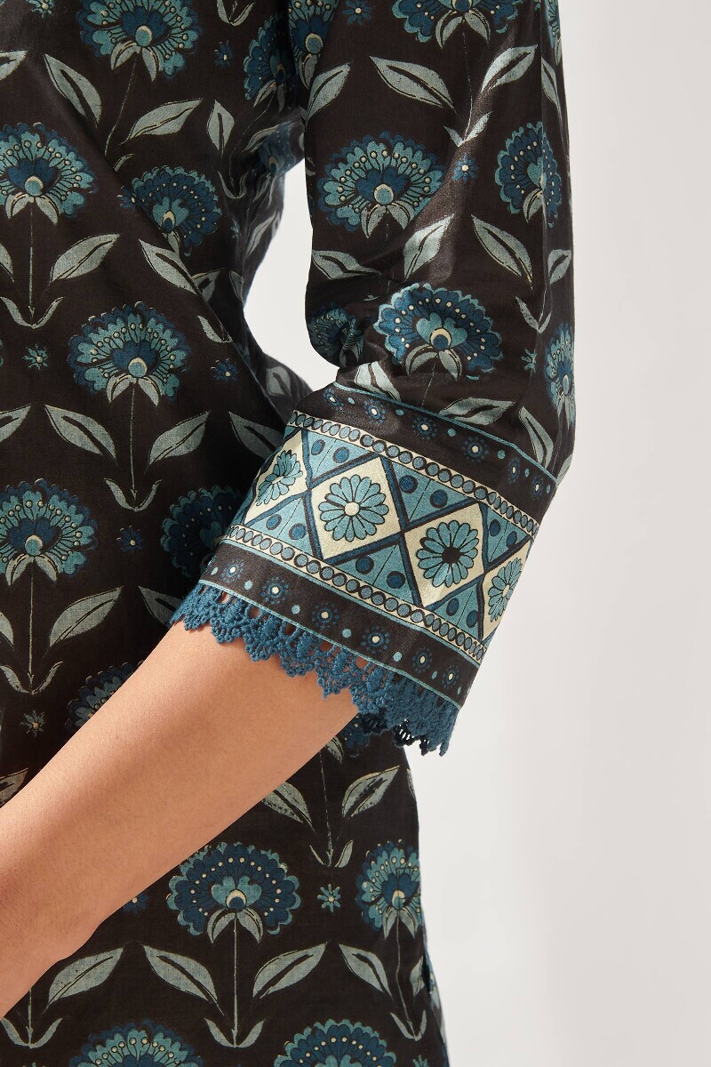 Black Hand Printed Straight Cotton Kurta