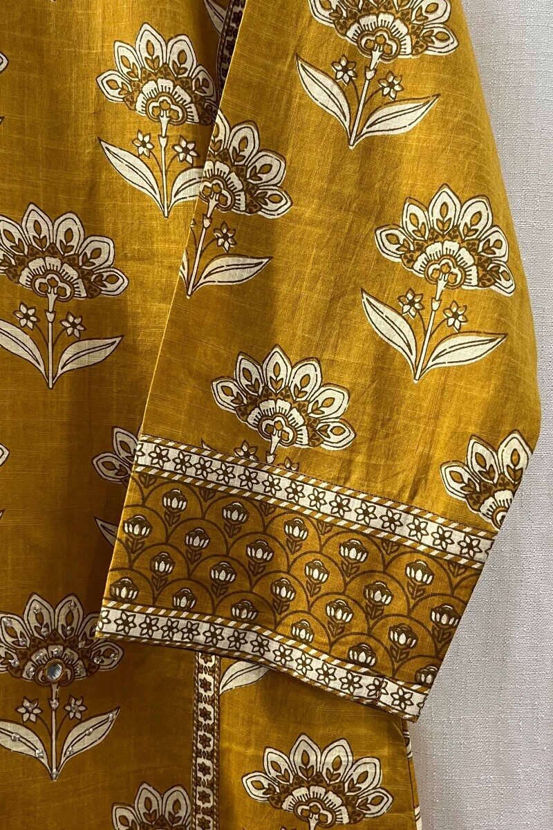 Mustard Hand Screen-Printed Straight Kurta