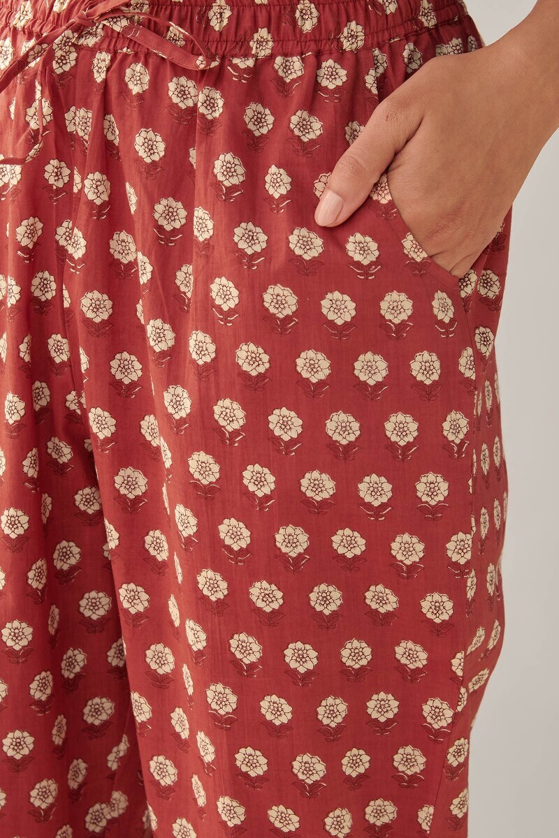 Red Hand Printed Cotton Narrow Pants
