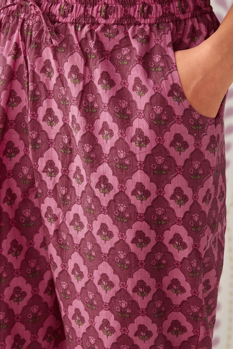 Pink Hand Printed Cotton Narrow Pants