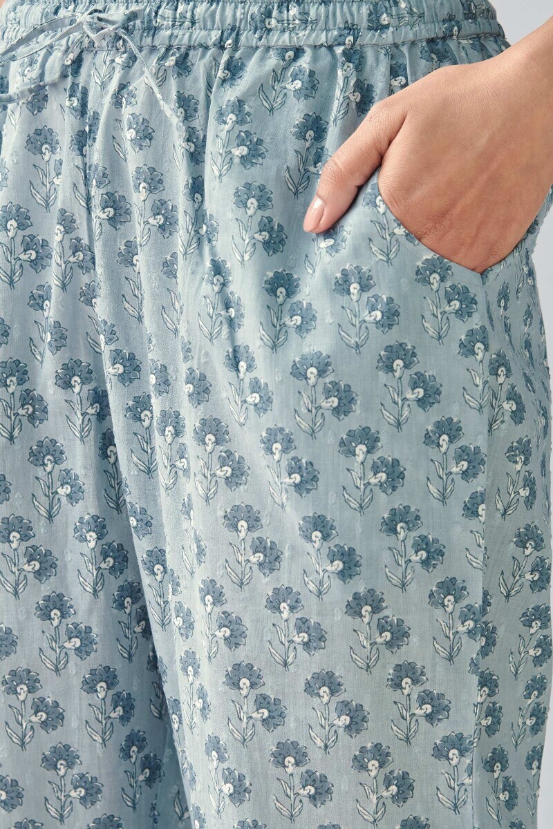 Blue Hand Printed Cotton Dobby Narrow Pants