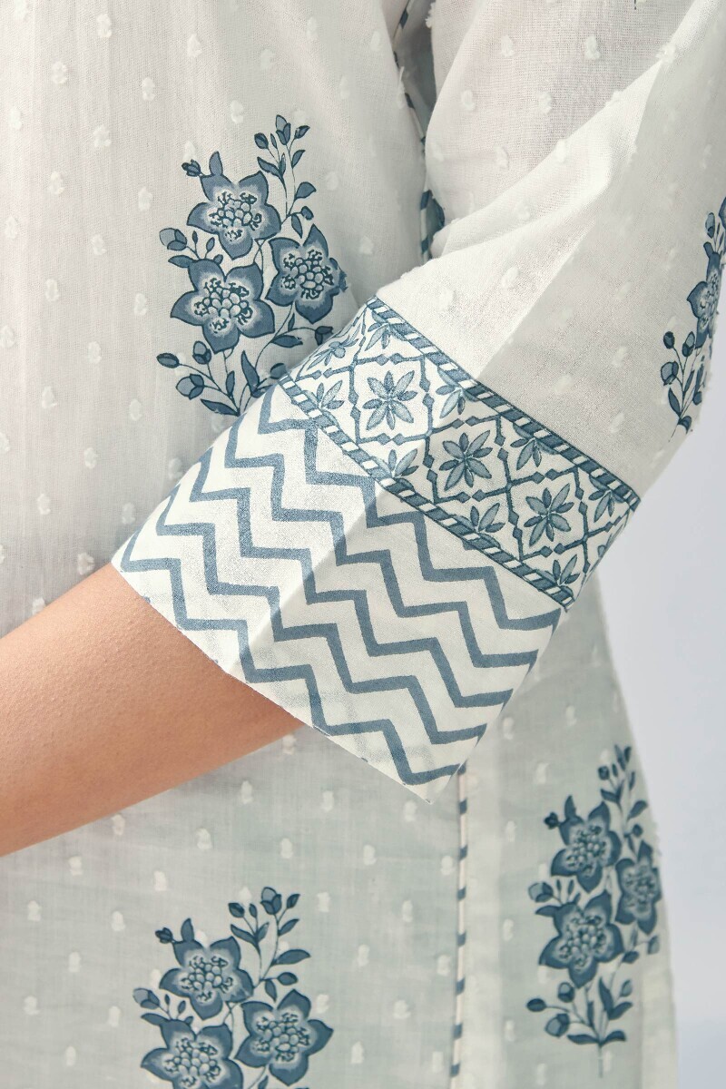 White Hand Printed Straight Cotton Dobby Kurta