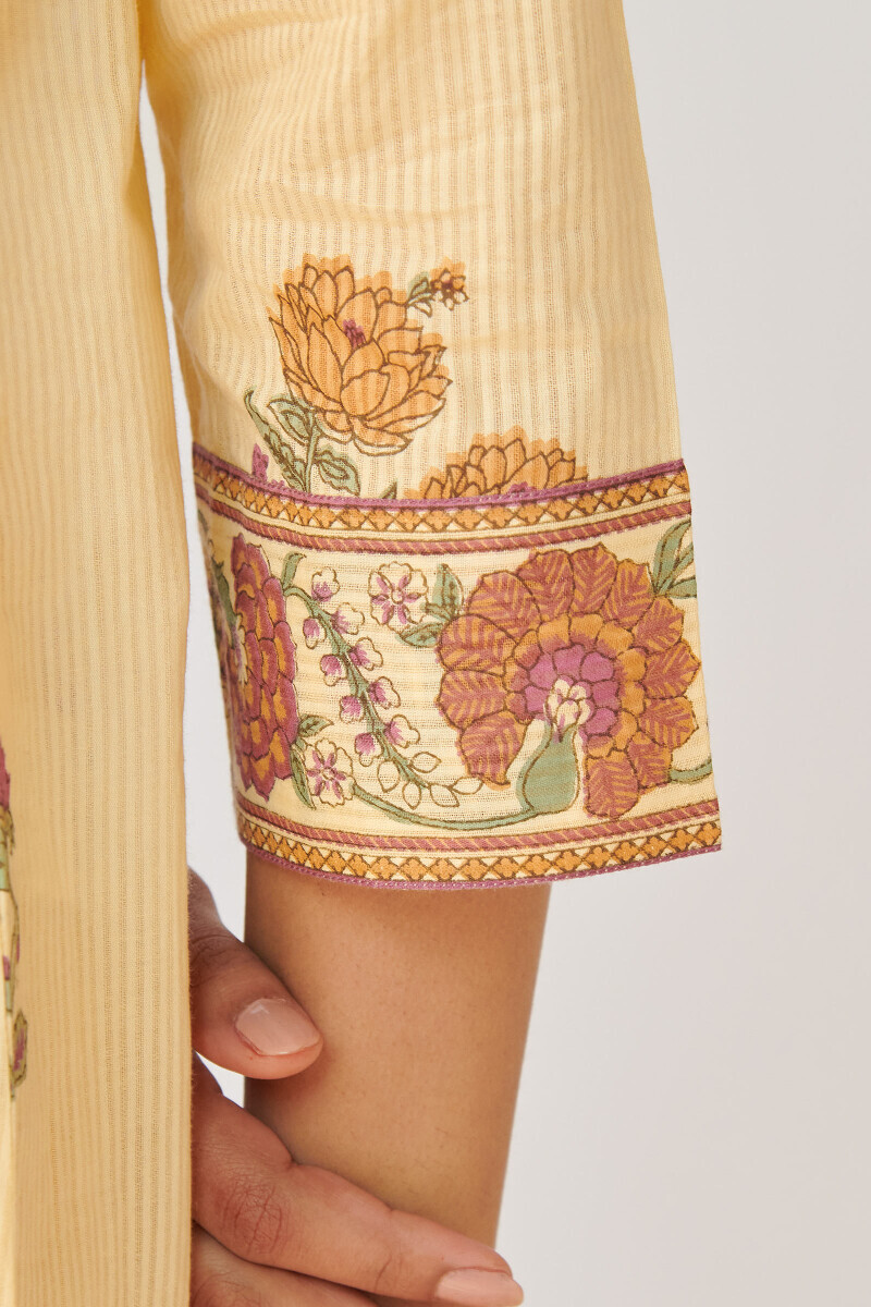 Beige Hand Printed Straight Cotton Dobby Kurta