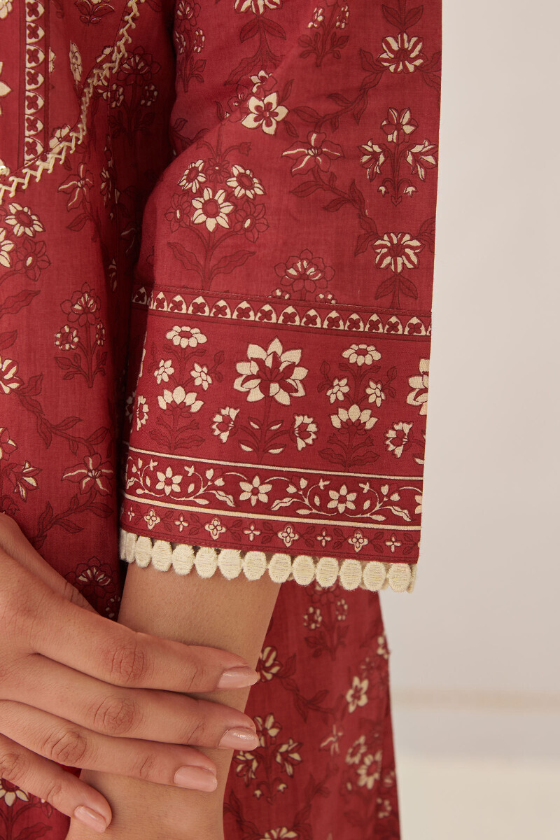 Red Hand Printed Straight Cotton Kurta