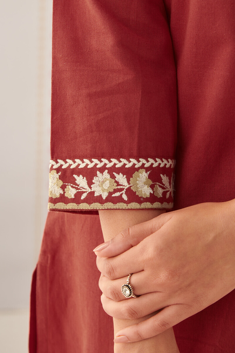 Red Handcrafted Straight Cotton Flax Kurta