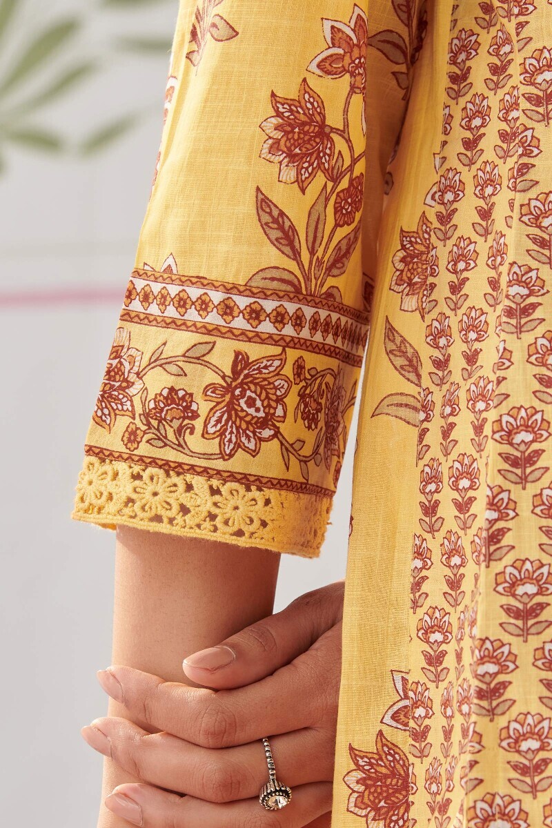 Yellow Hand Printed Straight Cotton Slub Kurta