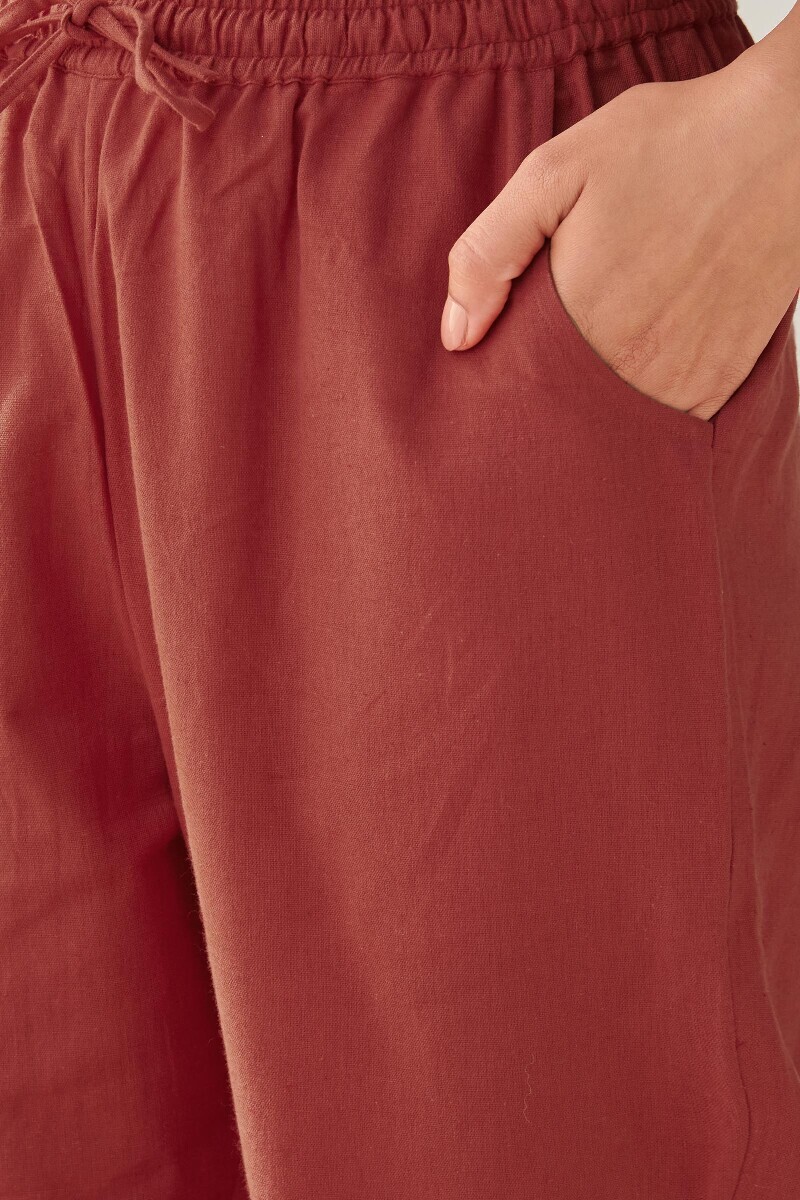 Red Handcrafted Cotton Flax Narrow Pants