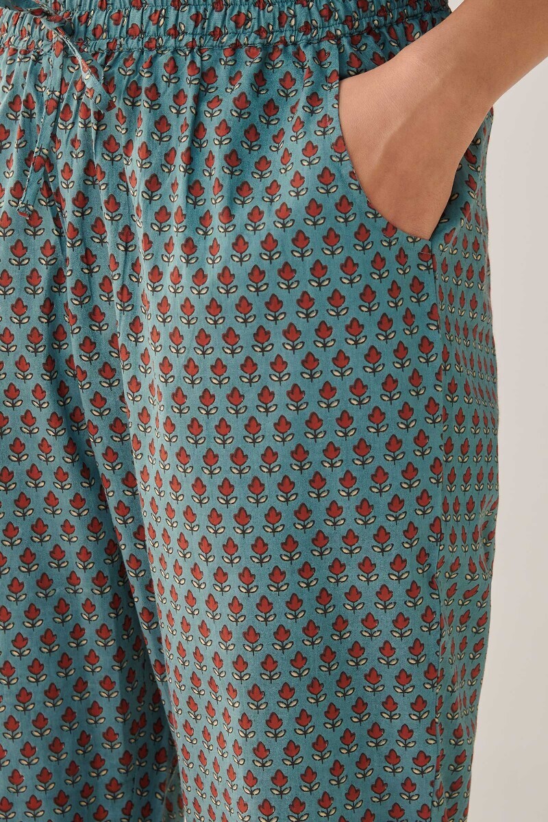 Blue Hand Printed Cotton Narrow Pants