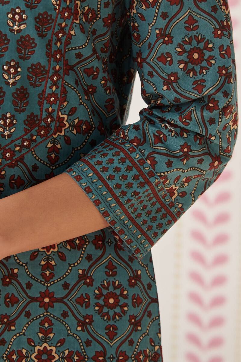 Blue Hand Printed Straight Cotton Kurta