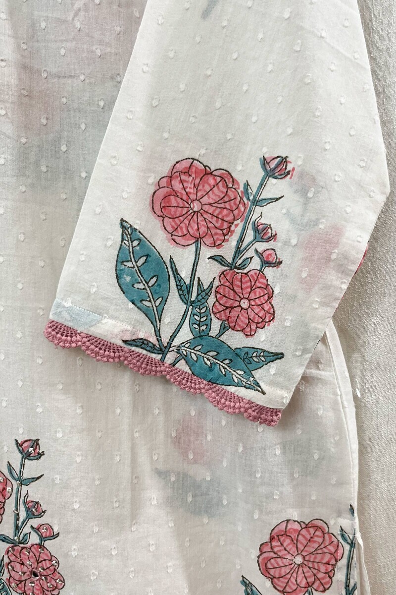 White Hand Block-Printed Straight Cotton Dobby Kurta