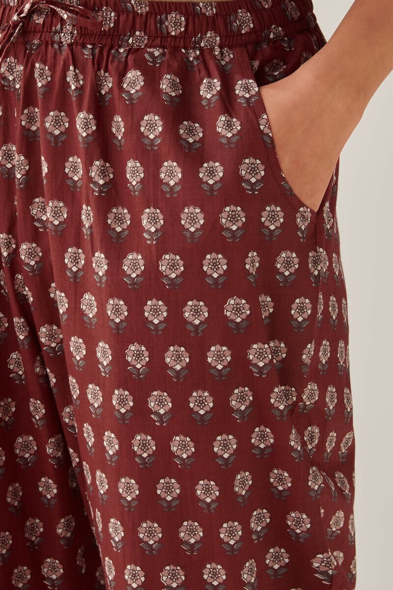 Maroon Hand Printed Cotton Narrow Pants
