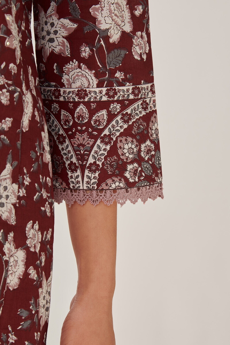 Maroon Hand Printed Straight Cotton Kurta