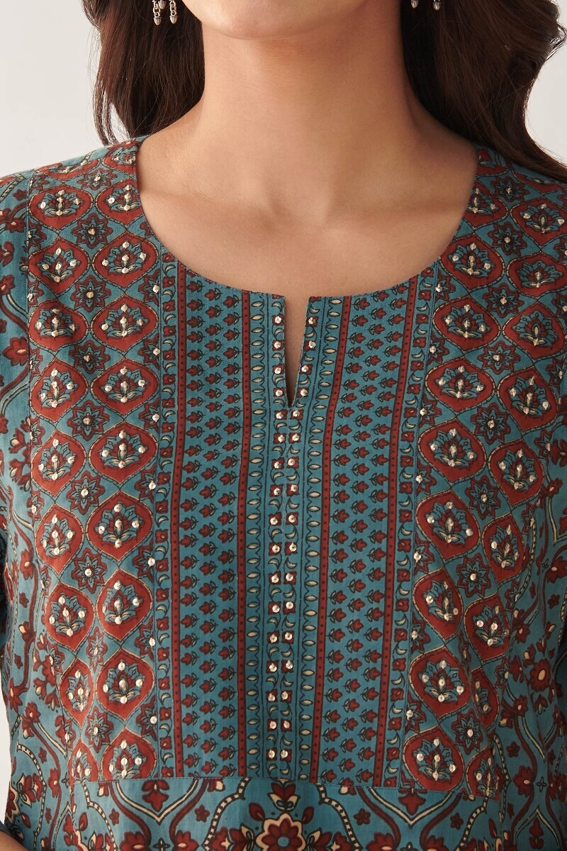 Blue Hand Printed Straight Cotton Kurta
