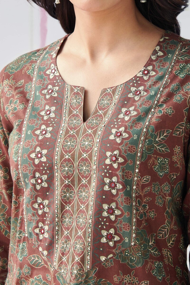 Maroon Printed Straight Cotton Kurta