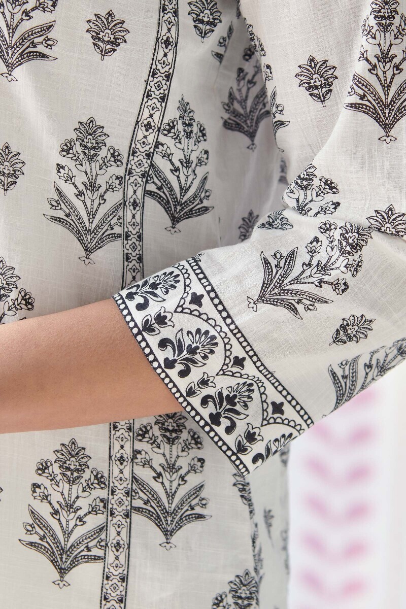 White Hand Printed Straight Cotton Slub Kurta