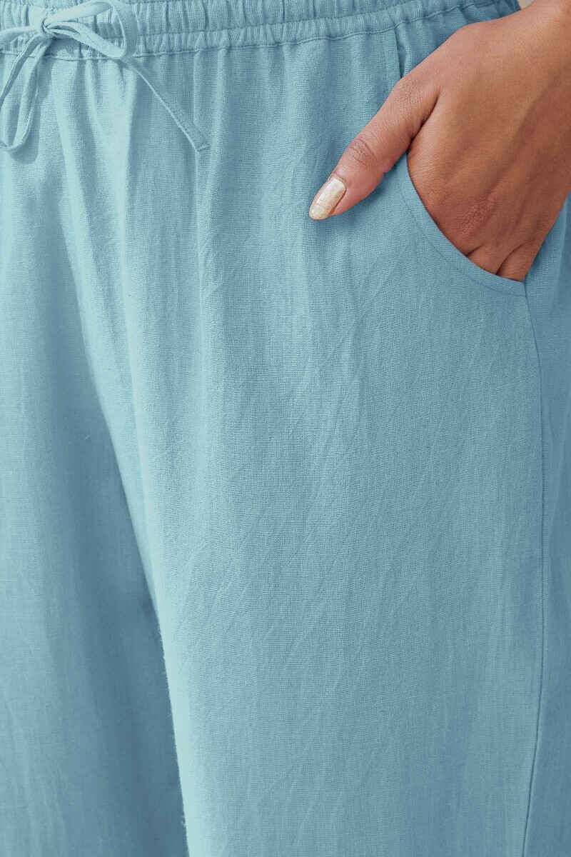 Blue Handcrafted Cotton Flax Narrow Pants