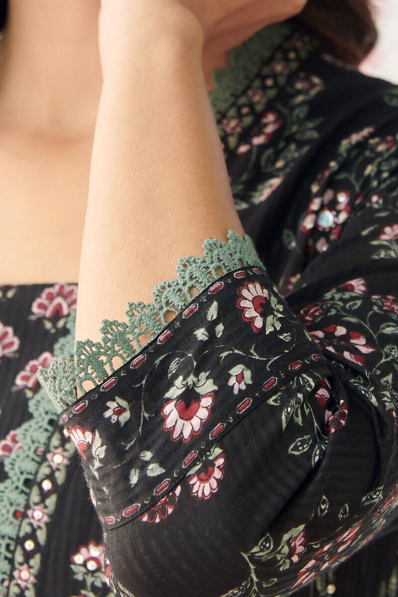 Black Hand Printed Straight Cotton Line Dobby Kurta