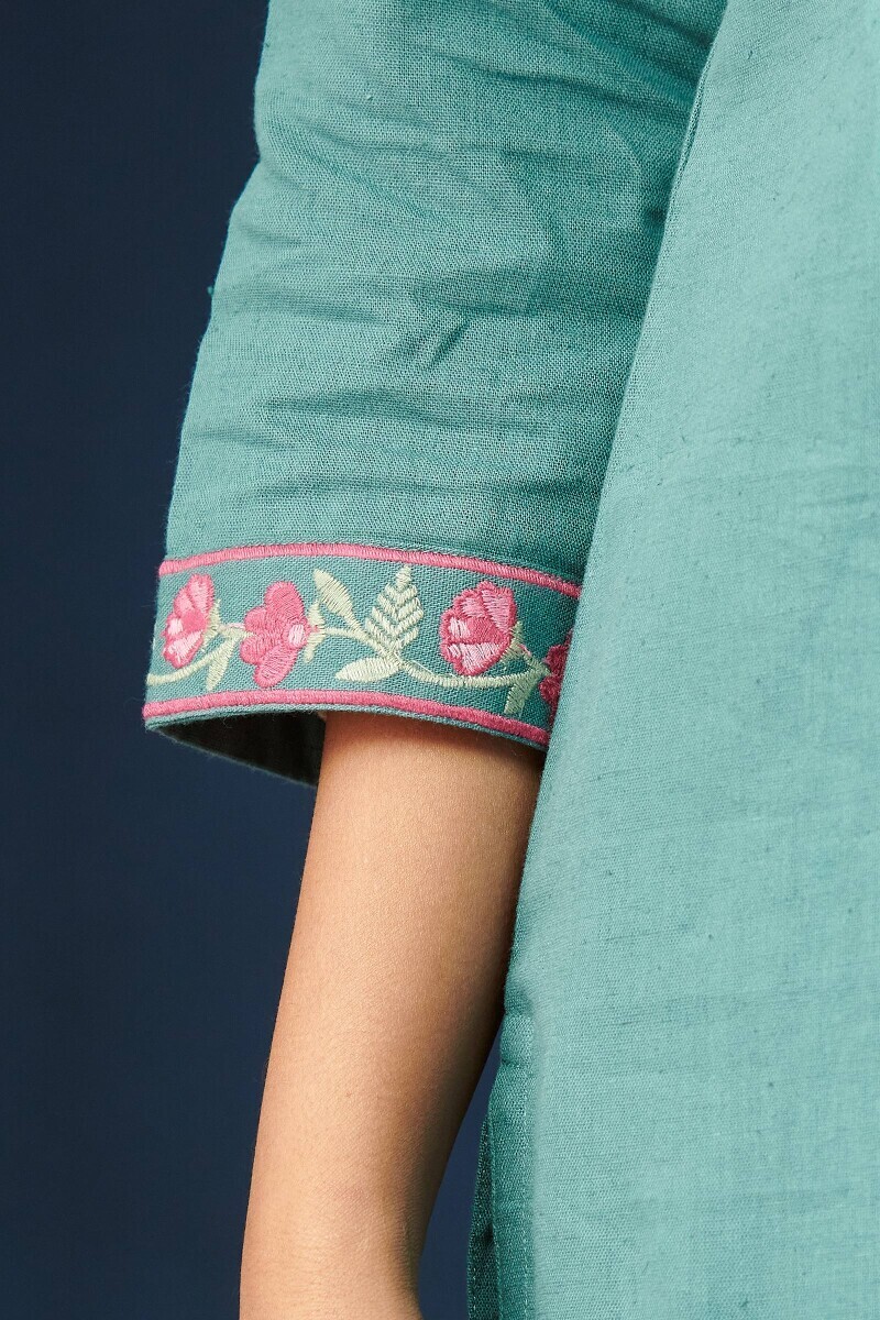 Teal Blue Handcrafted Straight Cotton Flax Kurta