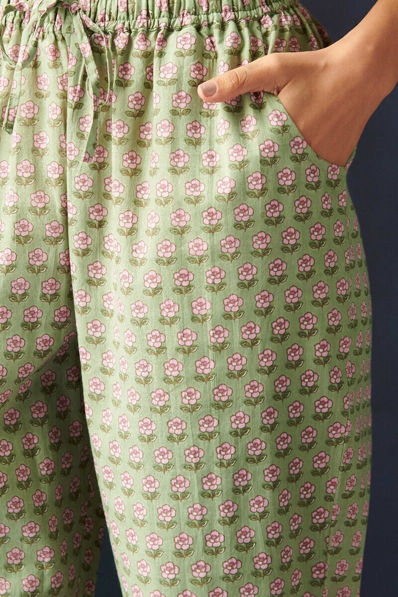 Green Hand Printed Cotton Narrow Pants