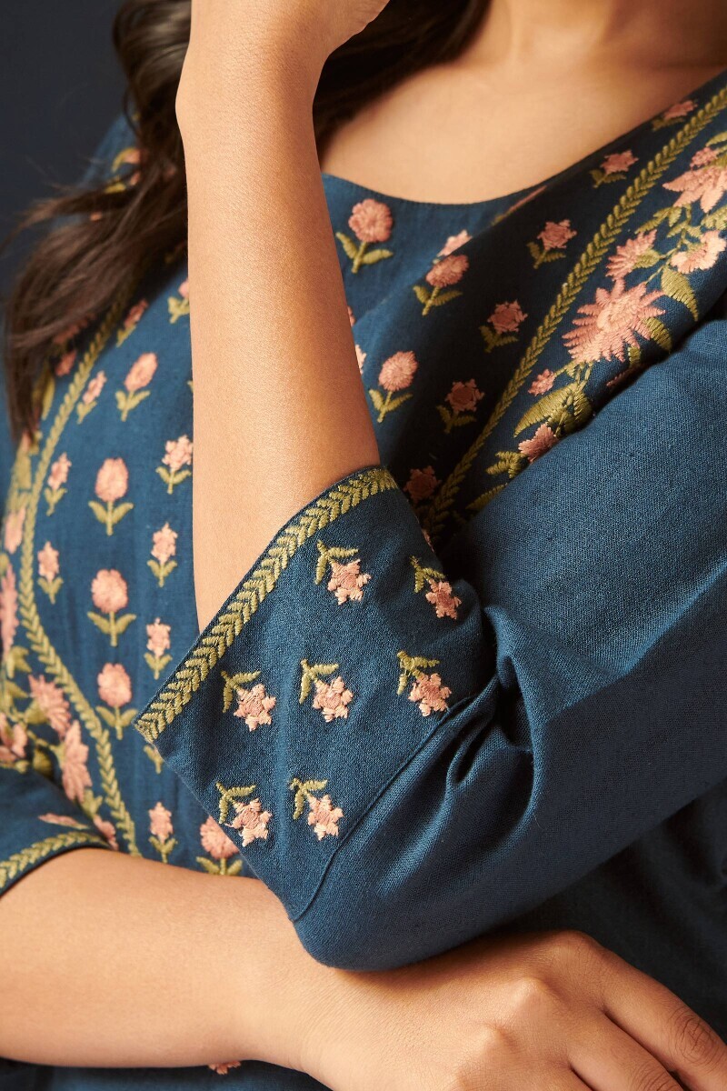 Indigo Handcrafted Straight Cotton Flax Kurta