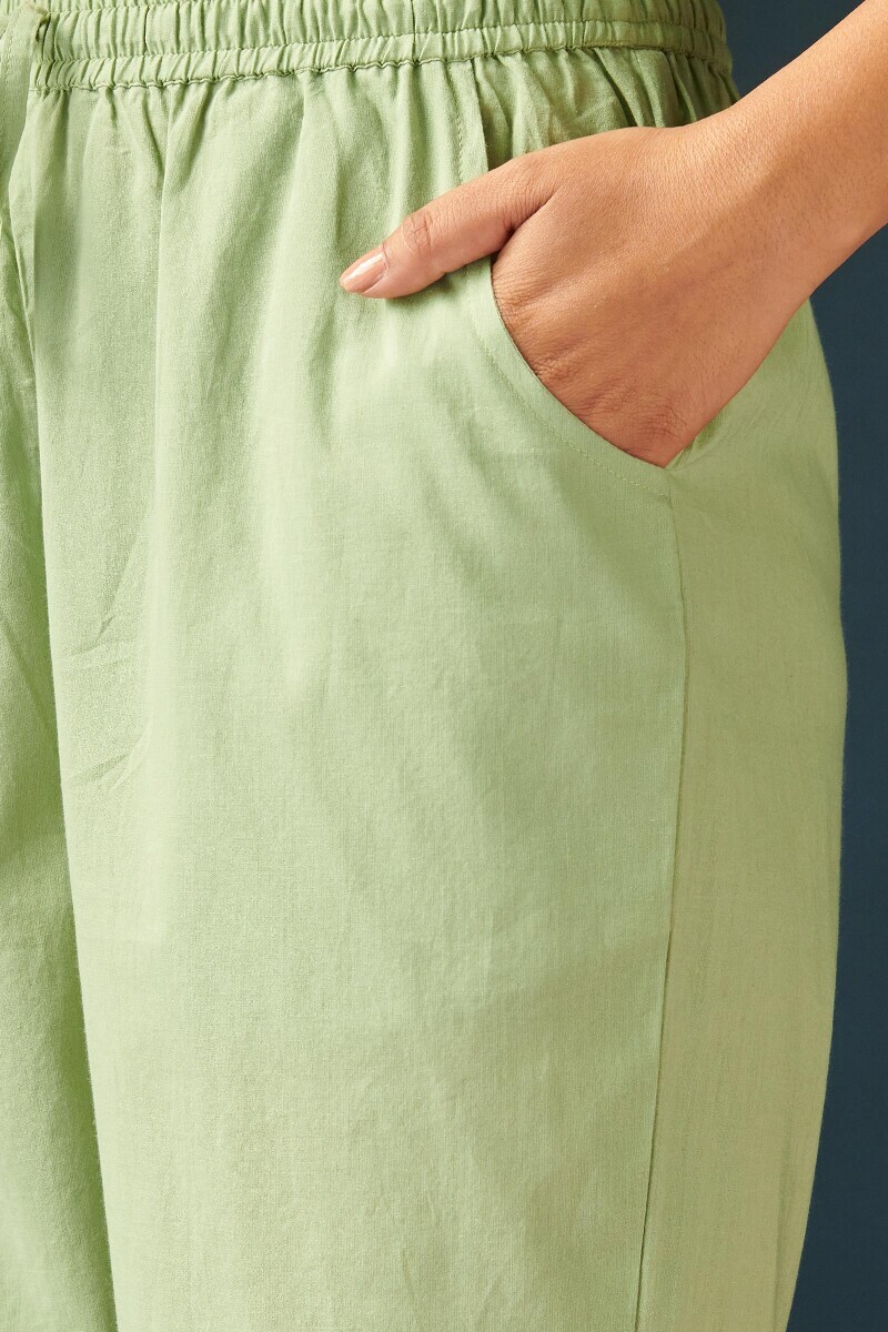 Green Handcrafted Cotton Narrow Pants