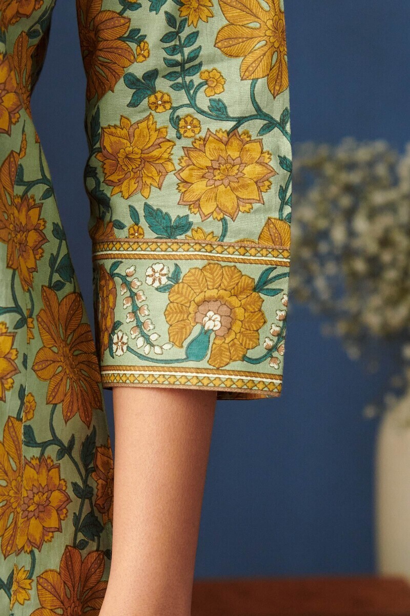 Green Hand Printed Straight Cotton Kurta