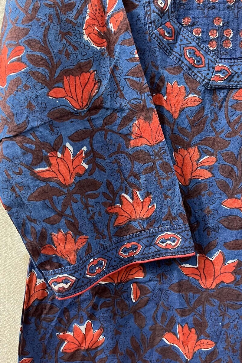 Indigo Hand Block-Printed Straight Cotton Kurta